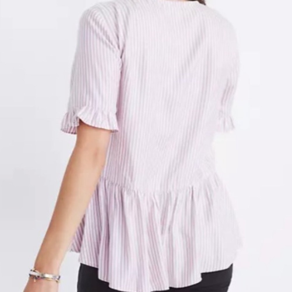 Madewell Studio Ruffle Hem Top Lavender Stripe Button Up Peplum Top - Picture 3 of 9